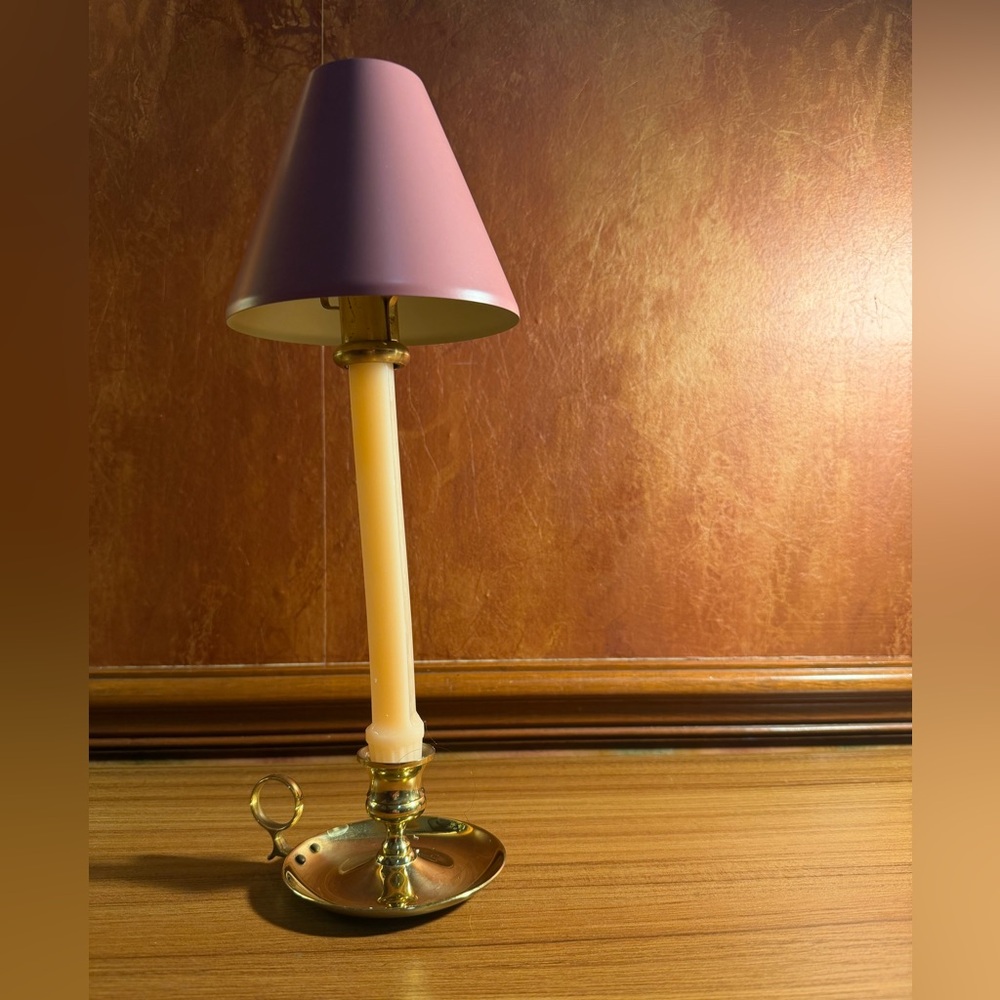 Baldwin Solid Brass Chamberstick Candle Lamp Mauve Metal Shade Vintage USA Made